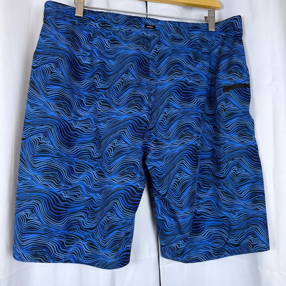 Prana Mens Blue Black Wave Print Board Shorts Swim Trunks 1969521 Size 34